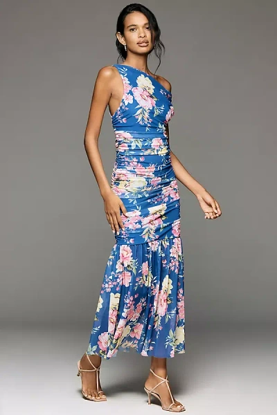 By Anthropologie Off-shoulder Printed Mesh Maxi Dress In Blue