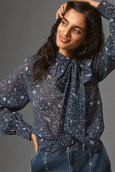 By Anthropologie Organza Tie-neck Blouse In Blue