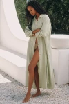 By Anthropologie Oversized Linen Button-front Maxi Dress In Green