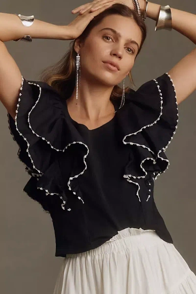 By Anthropologie Oversized Ruffles Top In Black