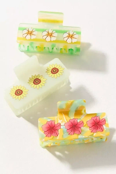 By Anthropologie Painted Floral Hair Claw Clips, Set Of 3 In Green