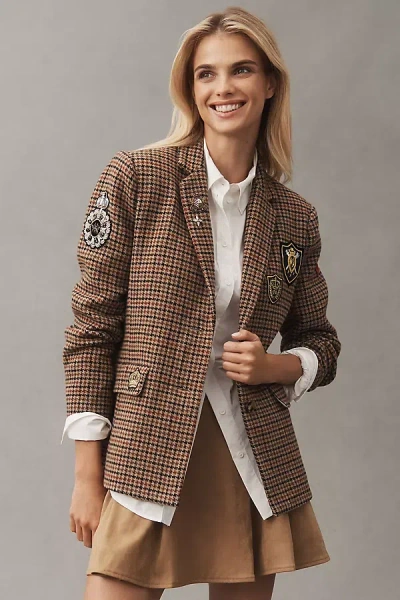 By Anthropologie Patches Houndstooth Blazer Jacket In Sand