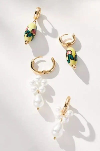 By Anthropologie Pearl & Floral Huggie Hoop Earrings, Set Of 2 In White