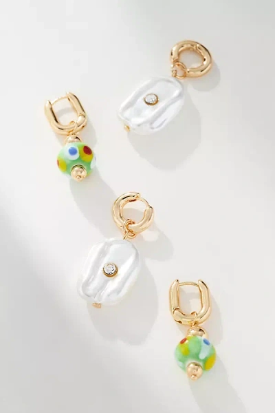 By Anthropologie Pearl & Glass Charm Huggie Hoop Earrings, Set Of 2 In White