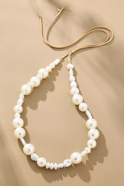 By Anthropologie Pearl Beaded Tie Necklace In White