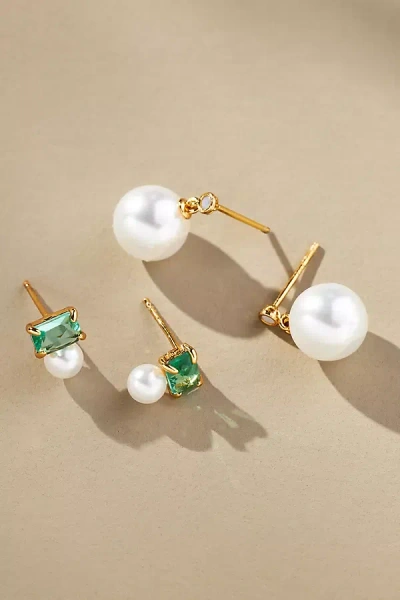 By Anthropologie Pearl Crystal Earrings, Set Of 2 In Gold