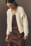 By Anthropologie Pearl Embroidered Fuzzy Cardigan Sweater In Neutral