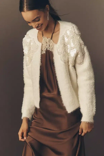 By Anthropologie Pearl Embroidered Fuzzy Cardigan Sweater In Neutral