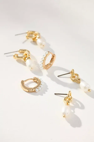 By Anthropologie Pearl Huggie Earrings, Set Of 3 In Gold