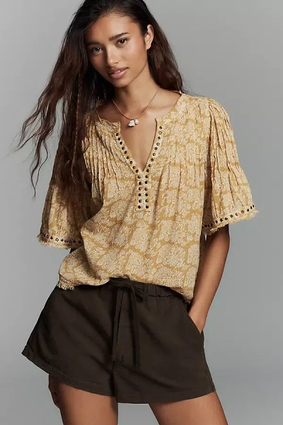 By Anthropologie Pintuck Short-sleeve Swing Top In Brown