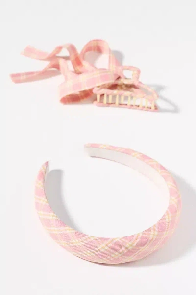 By Anthropologie Plaid Headband & Bow Hair Claw Clip Set In Pink