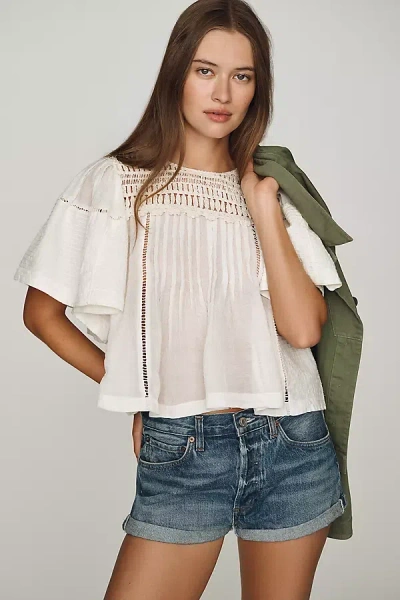 By Anthropologie Pleated Crochet Blouse In White