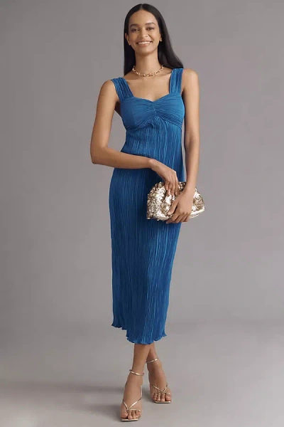 By Anthropologie Pleated Satin Midi Dress In Blue