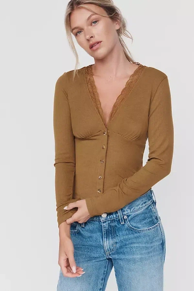 By Anthropologie Plunge Lace-trim Cardigan In Brown