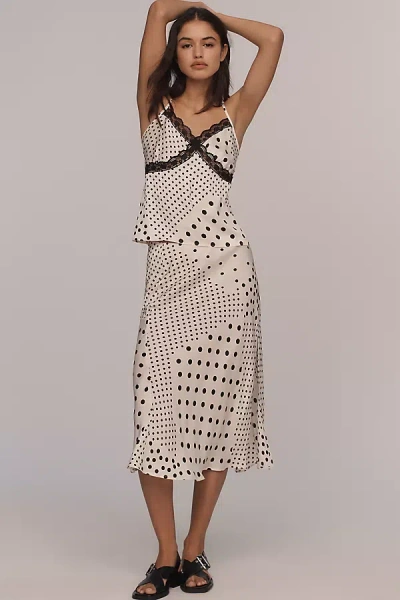 By Anthropologie Polka Dot Midi Slip Skirt In Black