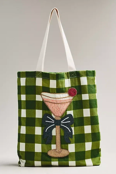 By Anthropologie Printed Beaded Canvas Tote Bag In Green