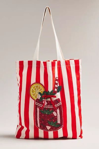 By Anthropologie Printed Beaded Canvas Tote Bag In Red
