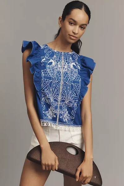 By Anthropologie Printed Flutter-sleeve Top In Blue