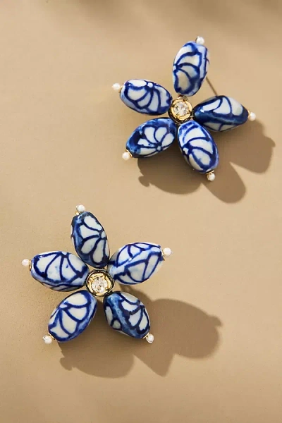 By Anthropologie Printed Porcelain Flower Post Earrings In Blue