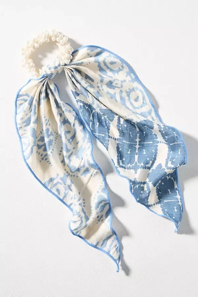 By Anthropologie Printed Scarf Pearl Hair Scrunchies, Set Of 2 In Blue