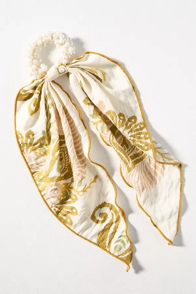 By Anthropologie Printed Scarf Pearl Hair Scrunchies, Set Of 2 In Green