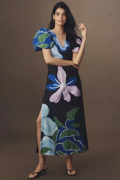 By Anthropologie Puff-sleeve A-line Maxi Dress In Black