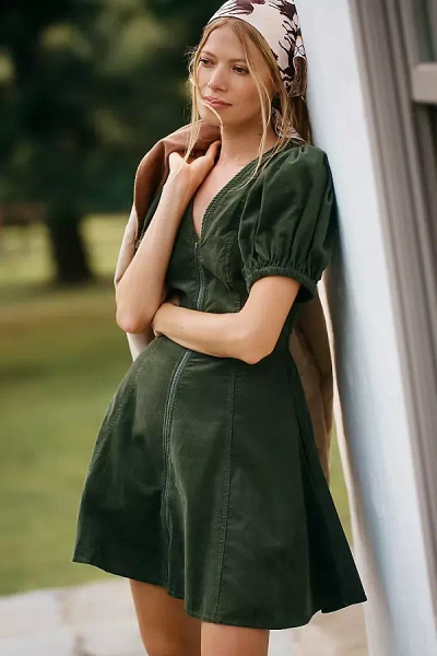 By Anthropologie Puff-sleeve Corduroy Mini Dress In Green