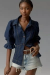 By Anthropologie Puff-sleeve Denim Buttondown Shirt In Blue