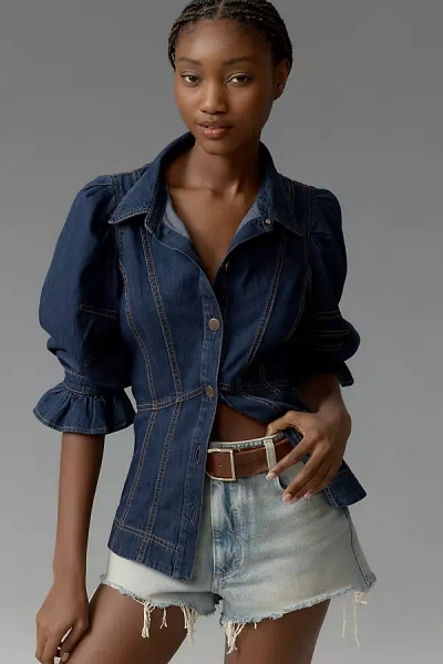 By Anthropologie Puff-sleeve Denim Buttondown Shirt In Blue