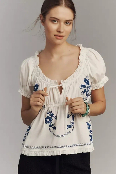 By Anthropologie Puff-sleeve Embroidered Babydoll Top