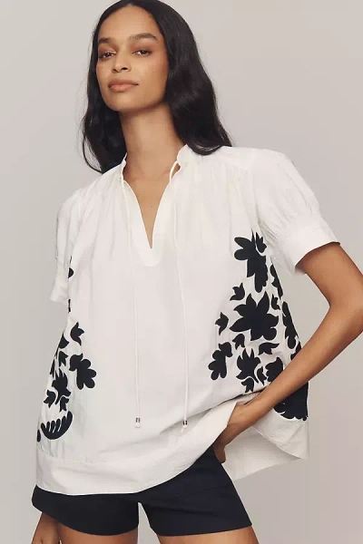By Anthropologie Puff-sleeve Embroidered Swing Blouse In White