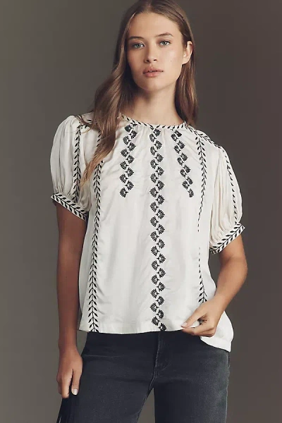 By Anthropologie Puff-sleeve Embroidered Top In White