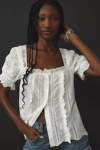 By Anthropologie Puff-sleeve Eyelet Top In White