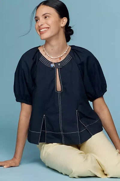 By Anthropologie Puff-sleeve Keyhole Top In Black