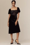By Anthropologie Puff-sleeve Mesh Velvet Midi Dress In Black