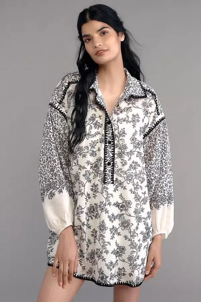 By Anthropologie Puff-sleeve Mini Shirt Dress In Black
