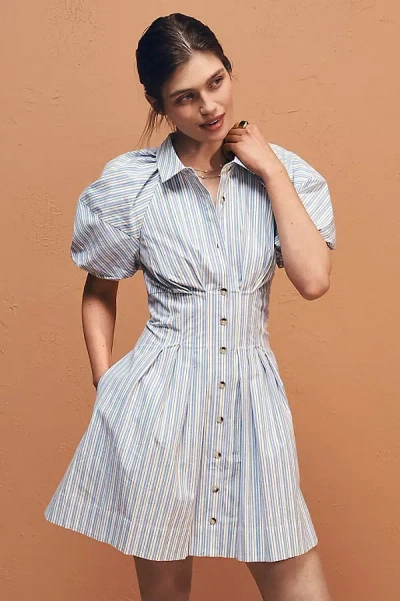 By Anthropologie Puff-sleeve Mini Shirt Dress In Blue