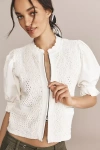 By Anthropologie Puff-sleeve Mock-neck Mixed Media Cardigan In White