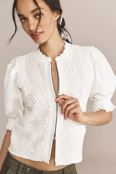 By Anthropologie Puff-sleeve Mock-neck Mixed Media Cardigan In White