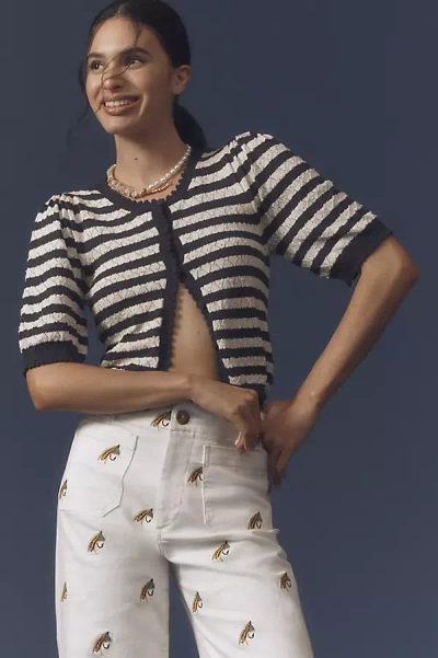By Anthropologie Puff-sleeve Pointelle Cardigan Sweater In Blue