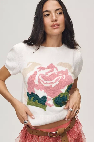 By Anthropologie Puff Sleeve Rose Icon Sweater In White