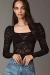 By Anthropologie Puff-sleeve Sheer Lace Top In Black