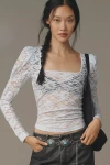 By Anthropologie Puff-sleeve Sheer Lace Top In Multi