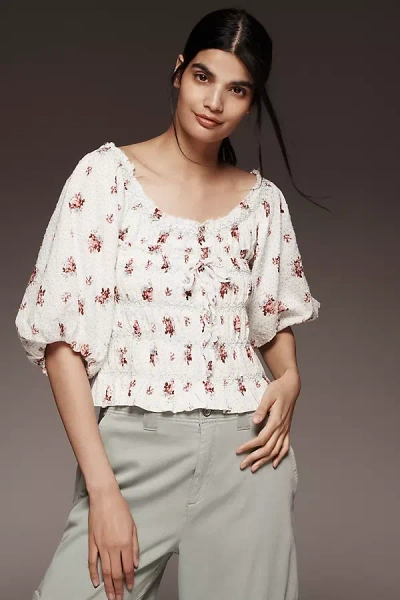 By Anthropologie Puff-sleeve Smocked Floral Print Blouse In White