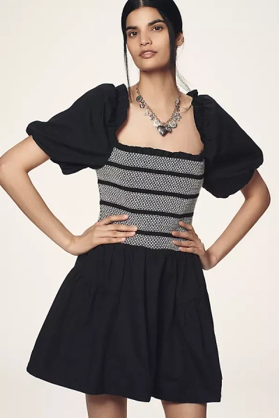 By Anthropologie Puff-sleeve Square-neck Smocked Mini Dress In Multicolor