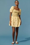 By Anthropologie Puff-sleeve Square-neck Smocked Mini Dress In Yellow
