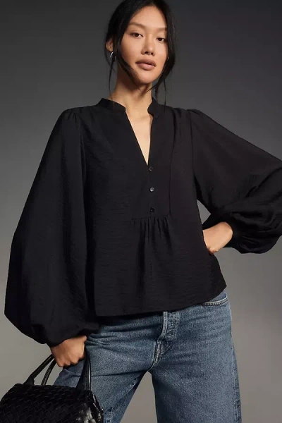 By Anthropologie Puff-sleeve Textured Blouse In Black