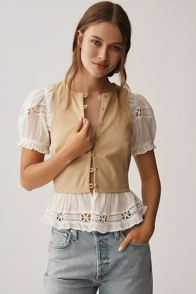 By Anthropologie Puff-sleeve Twofer Top In Sand