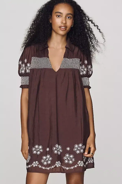 By Anthropologie Puff-sleeve Mini Dress In Brown