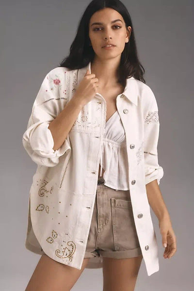 By Anthropologie Reworked Embroidered Buttondown Shirt Jacket In White